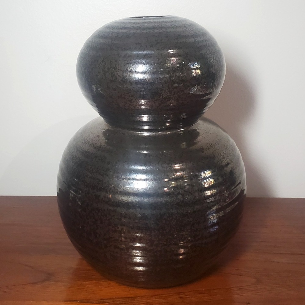 West Elm Ceramic Black Vase Modern Design Bulbous Rounded Shape‎ Narrow Opening